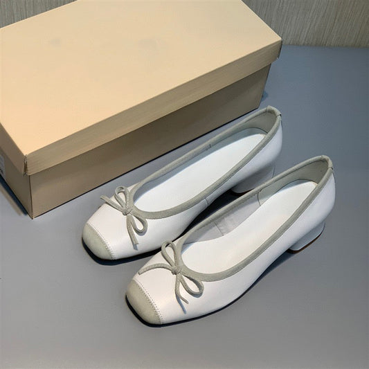 Women's Shallow Mouth Mid Round Head Genuine Bow Women's Shoes