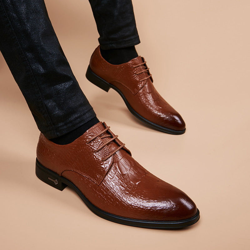 Men's Korean Style Genuine Groom Wedding Crocodile Pattern Green British Men's Business Leather Shoes