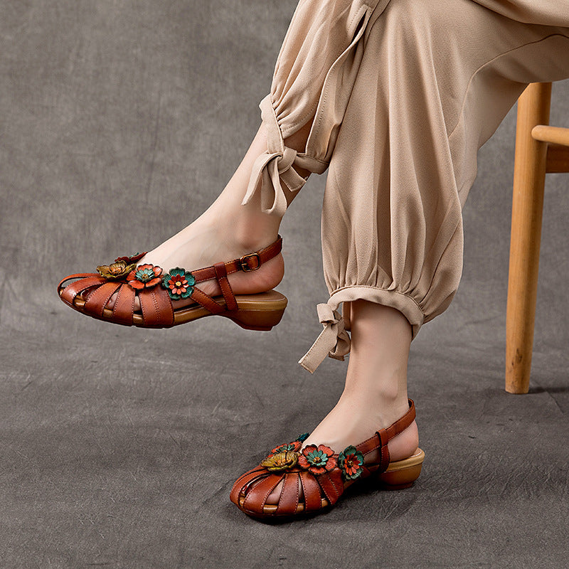 Women's Genuine Low Closed Toe Flower Ethnic Style Comfortable Flat Sandals