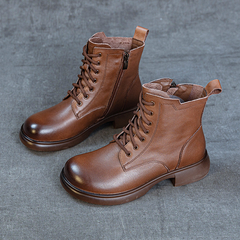 Women's First Layer Cowhide British Style Vintage Martin Fleece-lined Thick Boots