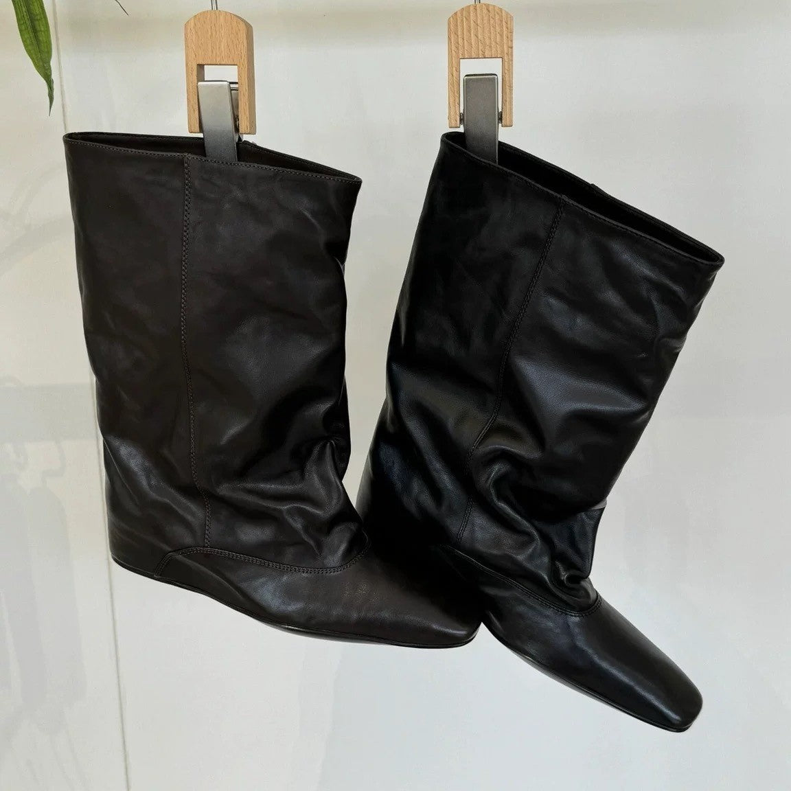 Women's Ruffle Square Head Height Increasing Insole Women's Leather Boots