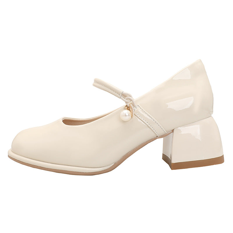 Women's Spring Mirror Pearl Word With Chunky Shallow Mouth Mary Women's Shoes
