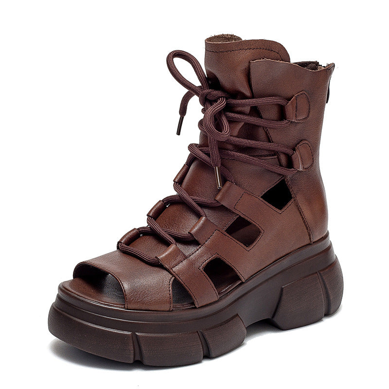 Shu Chun Thick-soled Round Toe Open Brushed Retro Style Platform Sandals