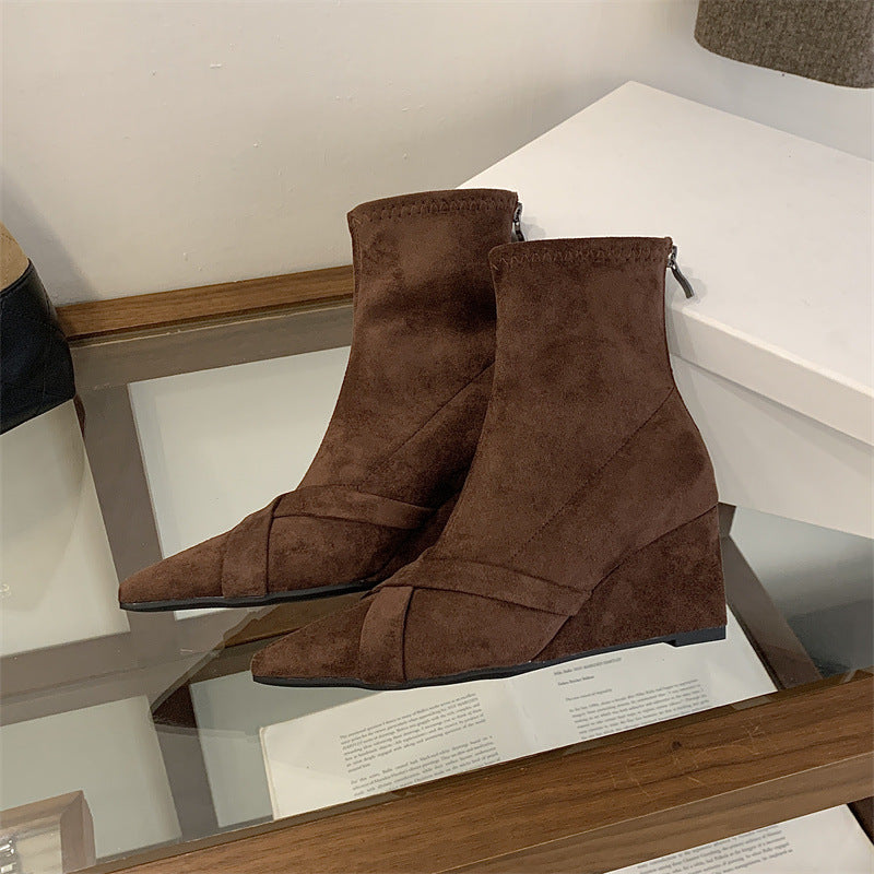 Women's Wedge Short Pointed High Suede Back Heels