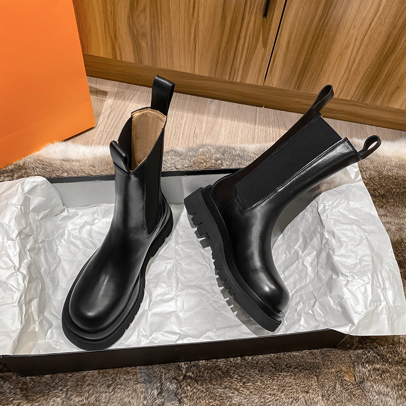Women's Hight Increasing Martin Winter Fleece-lined British Style Platform Chelsea Ankle Women's Leather Boots