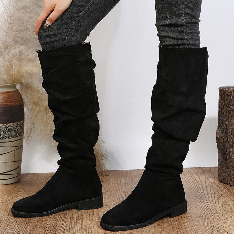 Women's Suede Chunky High Autumn Pleated Pile Boots