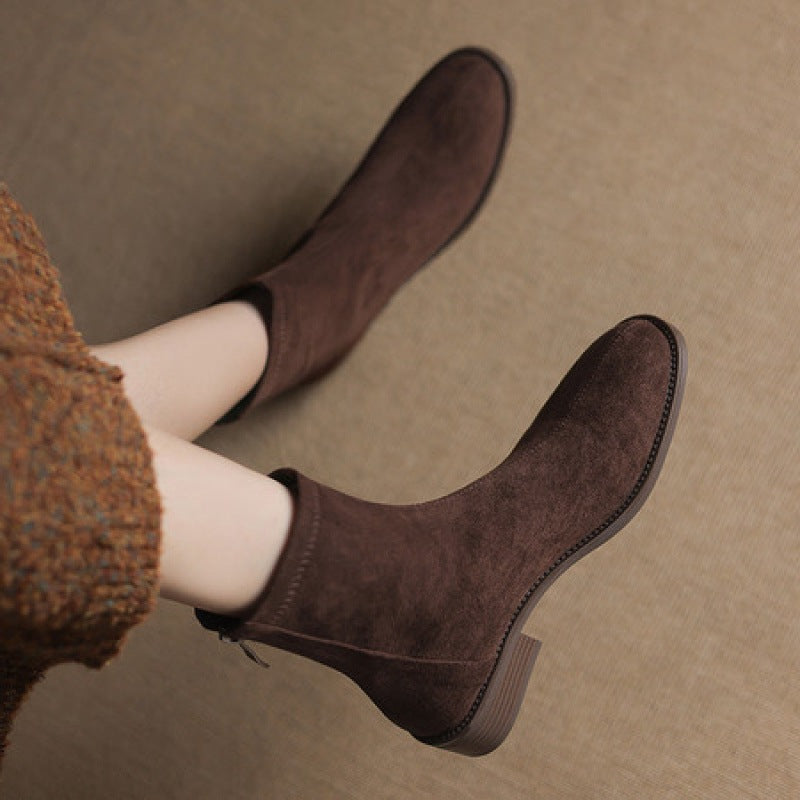 Women's Round Head Chunky Low Ankle Retro Back Zipper Women's Leather Boots