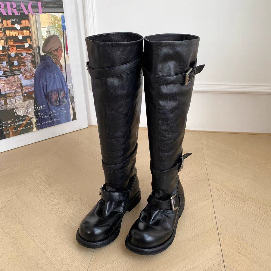 Version Classic Knight Martin Solid Color Belt Buckle Pile Style Women's Leather Boots