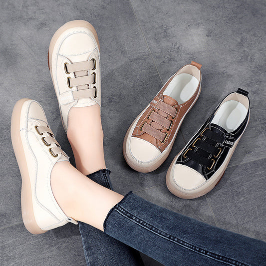 Women's White For Spring British Style Tendon Flat Leather Shoes