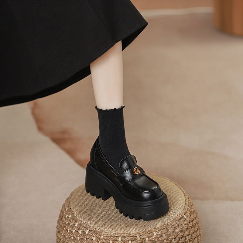 Version Height Increasing Insole Small British Style Slip-on Platform Camellia Leather Shoes