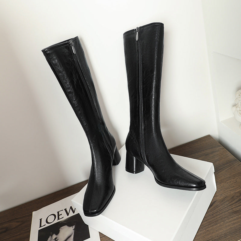 Women's Retro Below The Knee Over Black Soft Side Zipper Square Women's Leather Boots