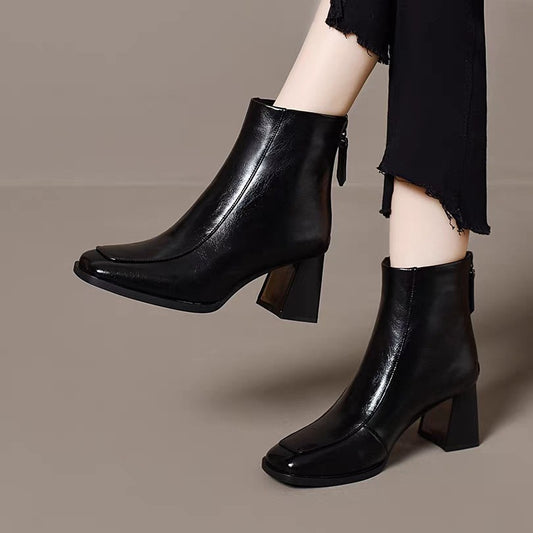 Women's For French Style Square Toe Slimming Stretch Thin British Comfortable Women's Leather Boots