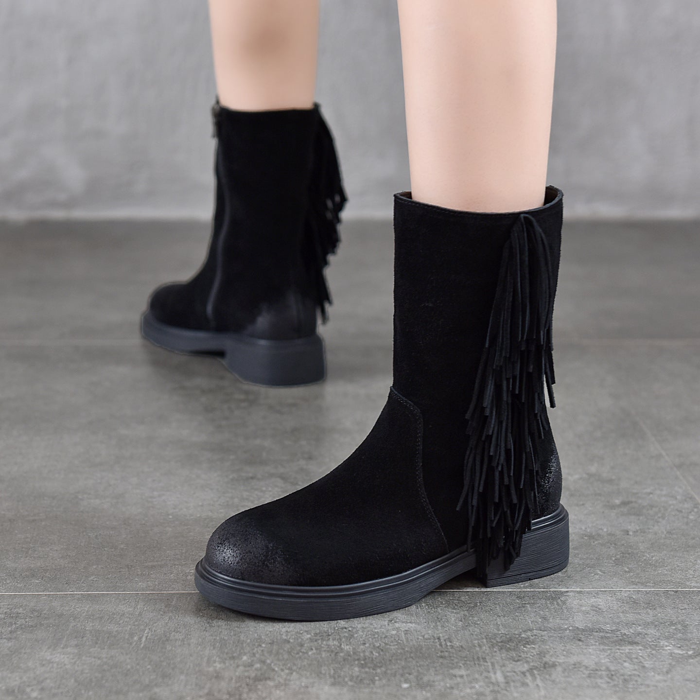 Women's Tassel Mid Genuine Fashion Round Toe Cowhide Women's Leather Boots