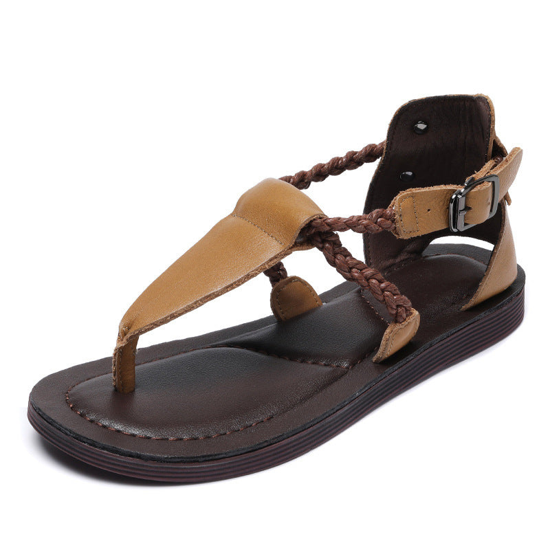 Handsome British Style Genuine Open Toe Handmade Flat Sandals