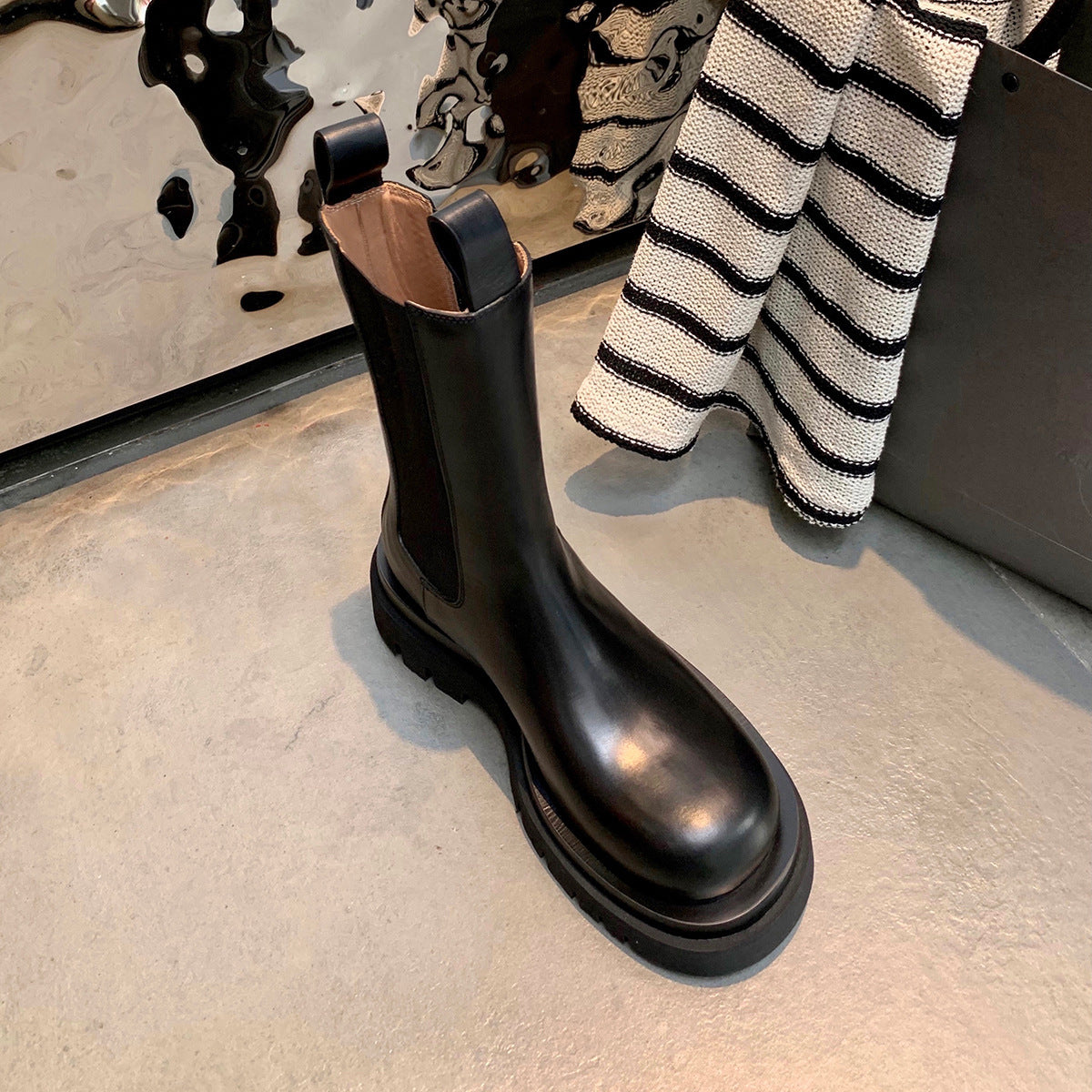 Women's Cowhide Version Fleece-lined Platform Chelsea Booties Hight Increasing Martin Women's Leather Boots