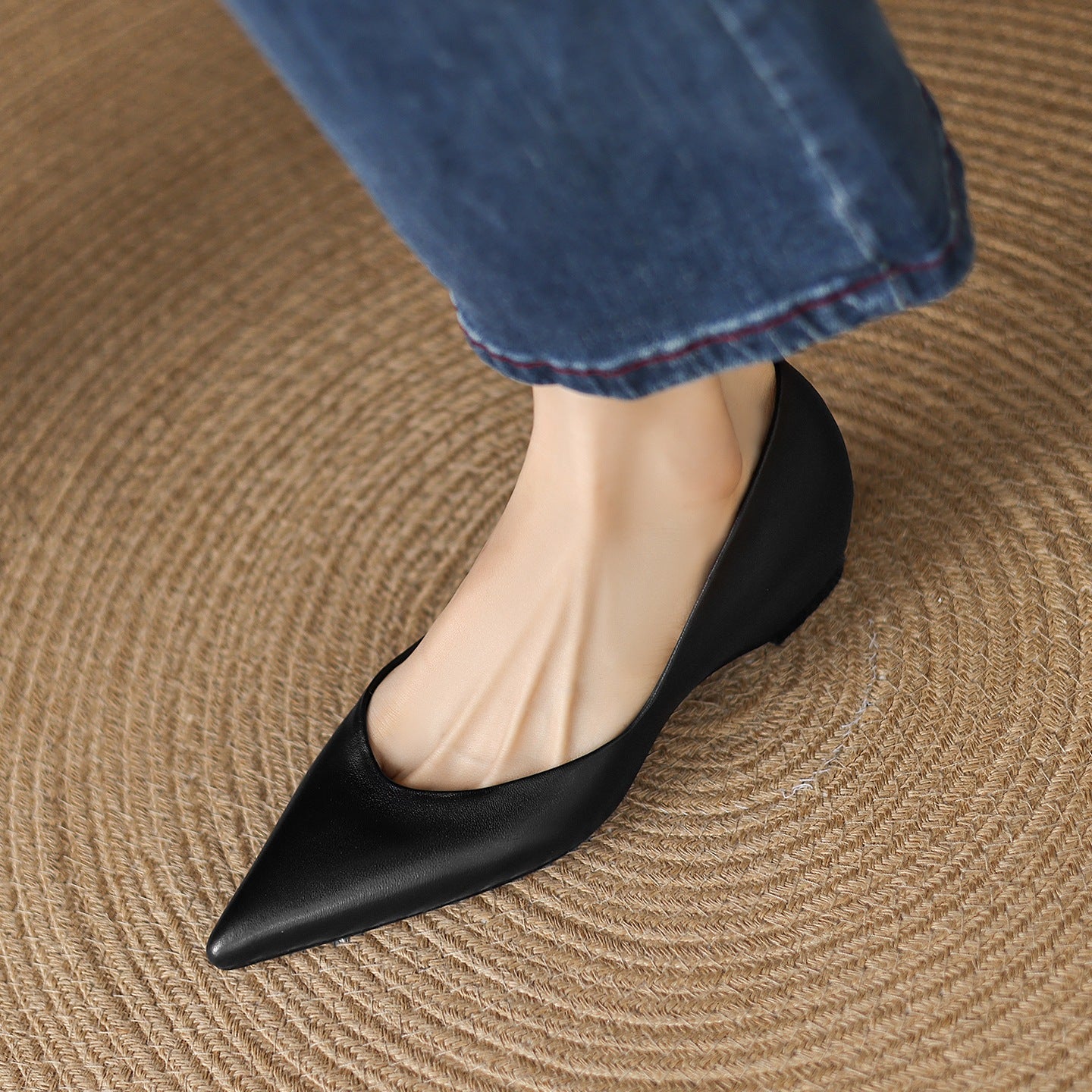 Women's Professional Commute Pointed Toe Pumps Sheep Split Cowhide Inner Height Leather Shoes