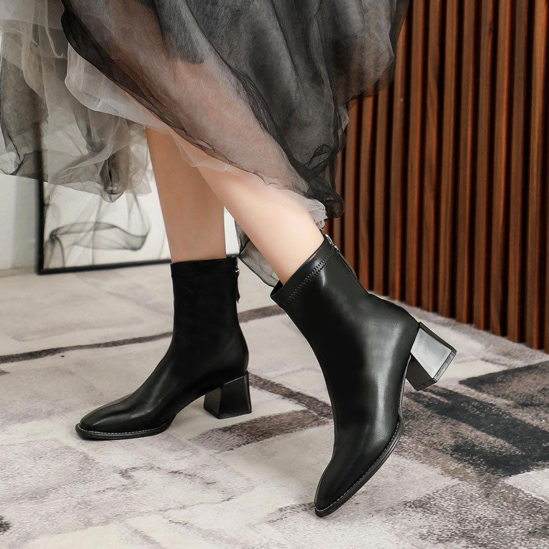 Women's Thin Fleece-lined French Style Booties Chunky Boots