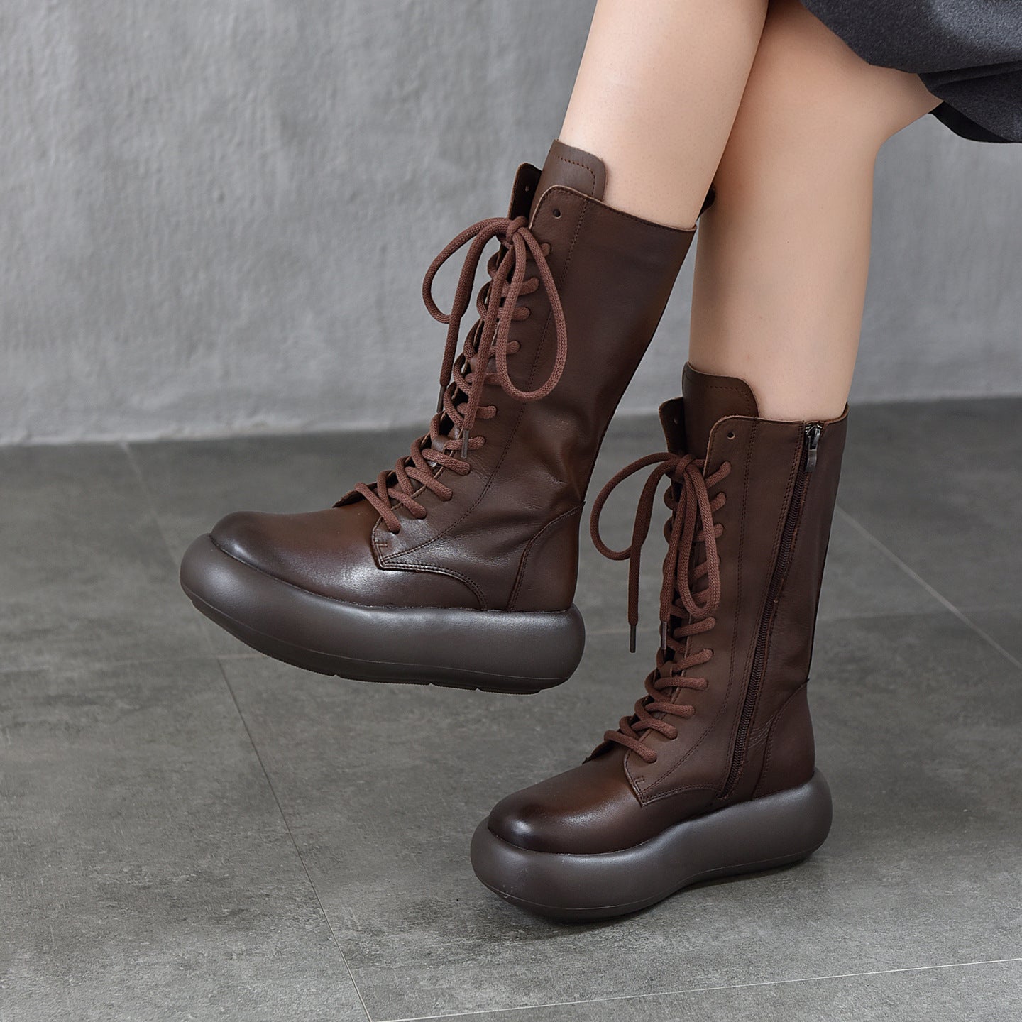 Women's Layer Cowhide Martin Round Head Thick Bottom Retro Single Side Women's Leather Boots