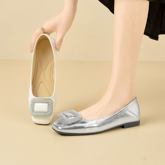 Women's Sheepskin Rhinestone Square Buckle Temperament Commute Leather Shoes