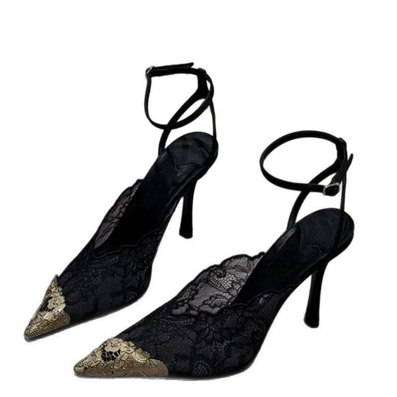 Women's Lace Closed Toe Pointed Stiletto Back Strap Metal Buckle High Heeled Sandals
