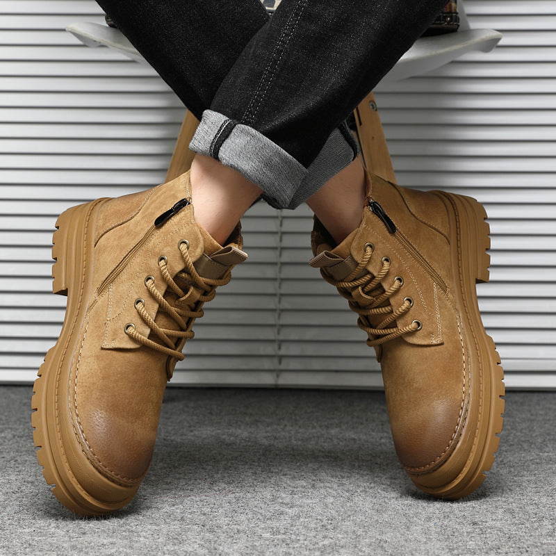 Men's Bottom Height Increase Device Car Style Pure Black Boots