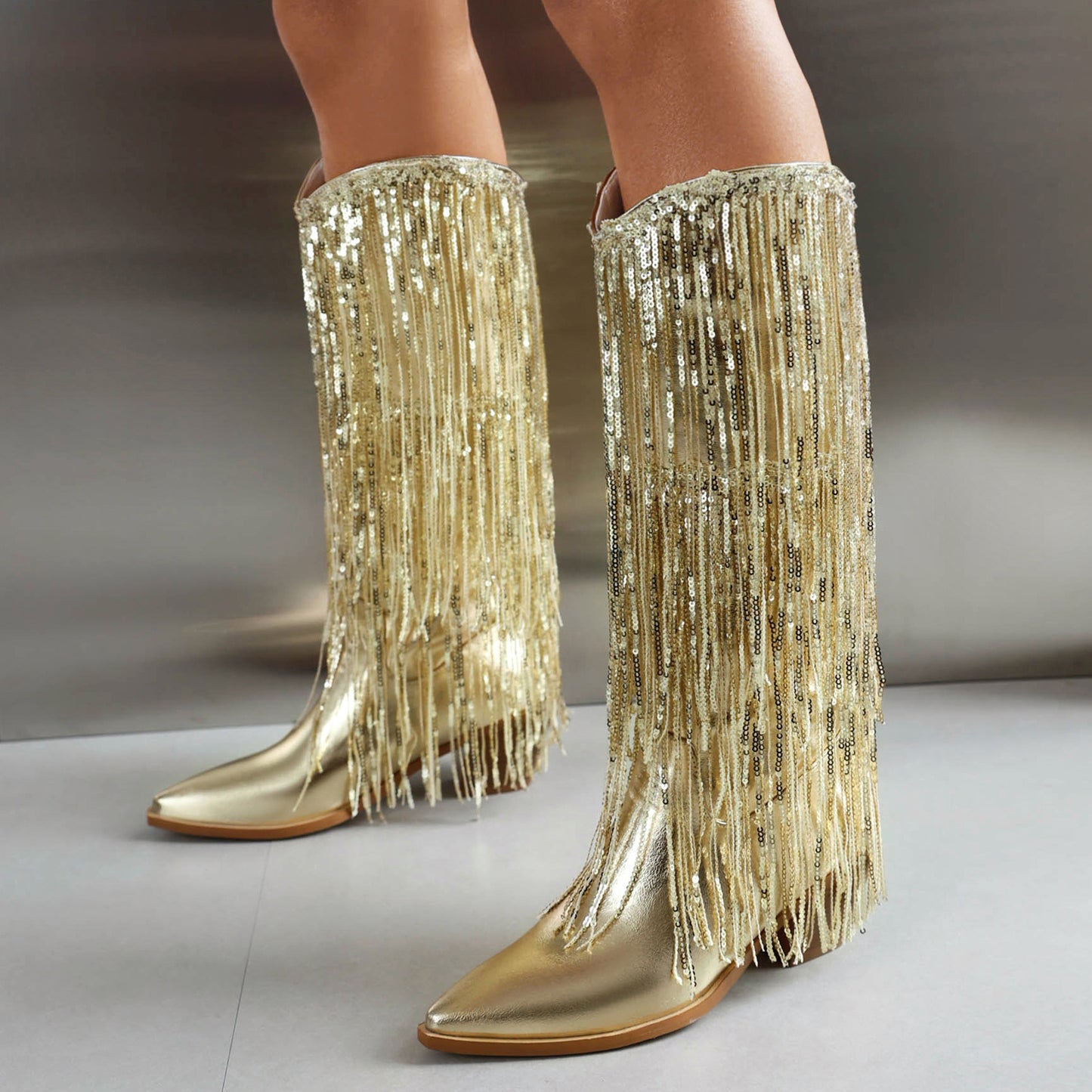 Women's Size Sequined Tassel Pointed Thick High Women's Leather Boots