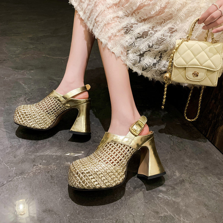 Women's Super Chunky Platform Toe Cap Breathable Woven High Heeled Sandals