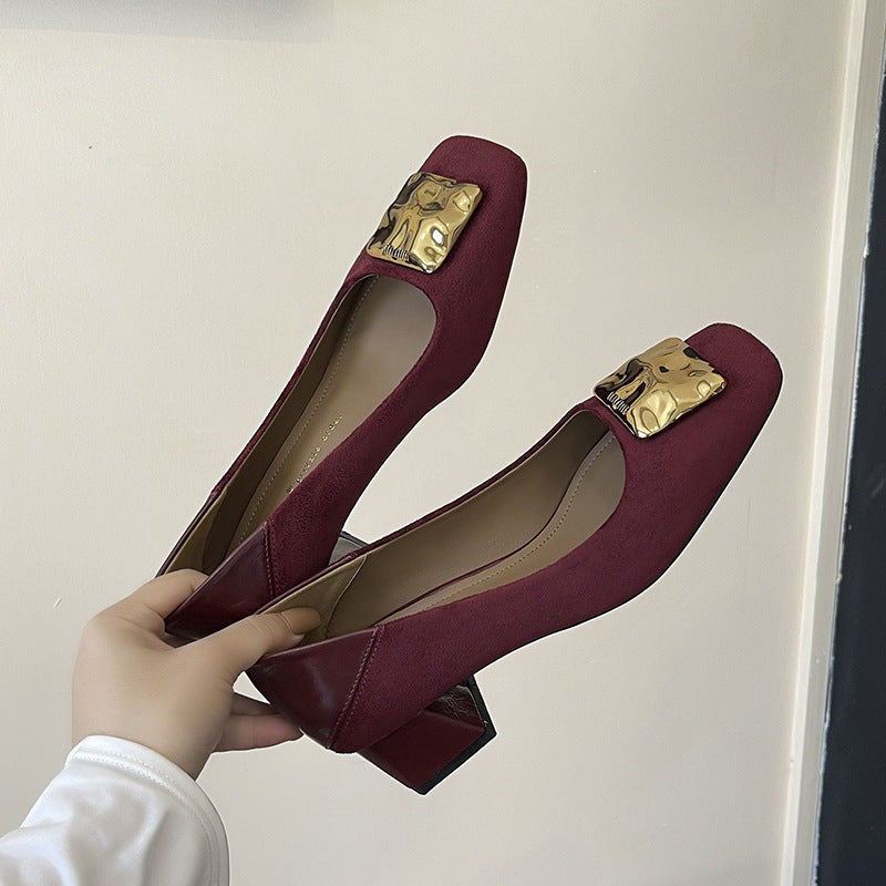 Women's Cashmere Square Toe Chunky Pumps Belt Mary Heels