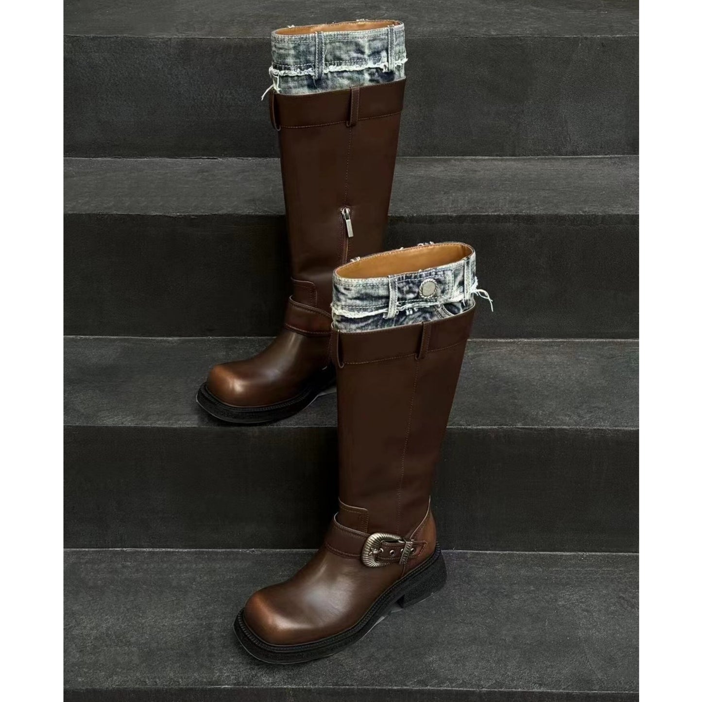Women's Motorcycle Denim Metal Buckle Genuine Knee-high Boots