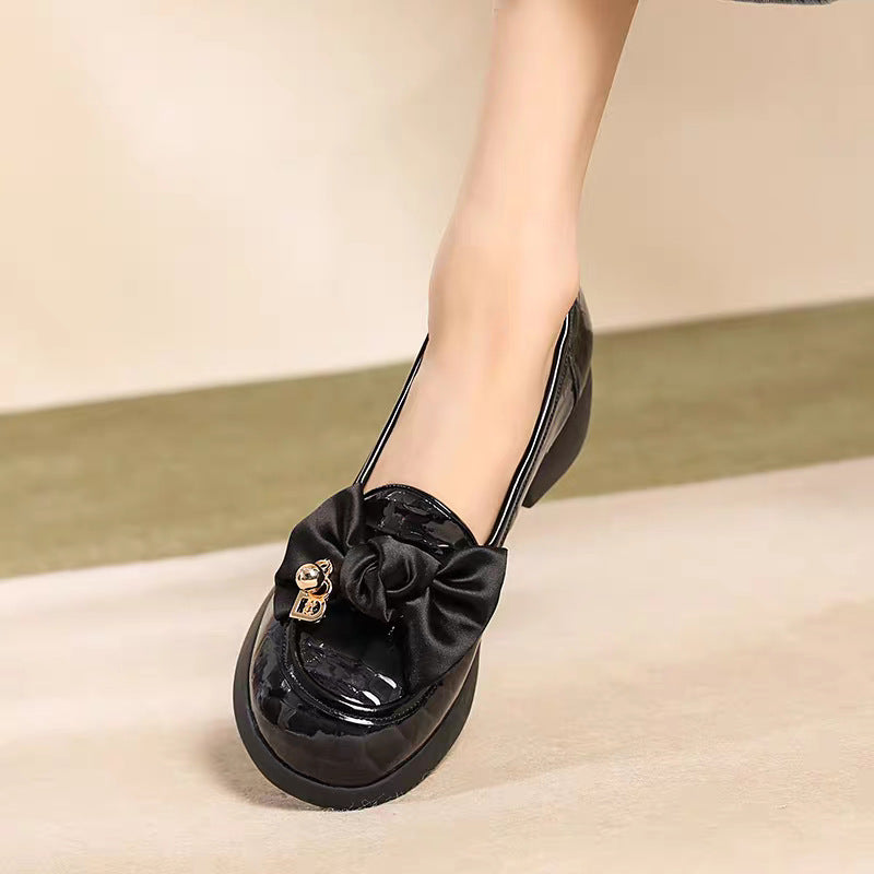 Women's Mid British Bow Green Thin Shiny Women's Fashion Shoes