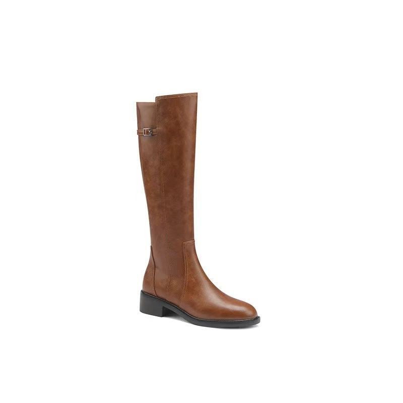 Women's Retro Brown Square Toe Chunky Below The Knee Side Heels