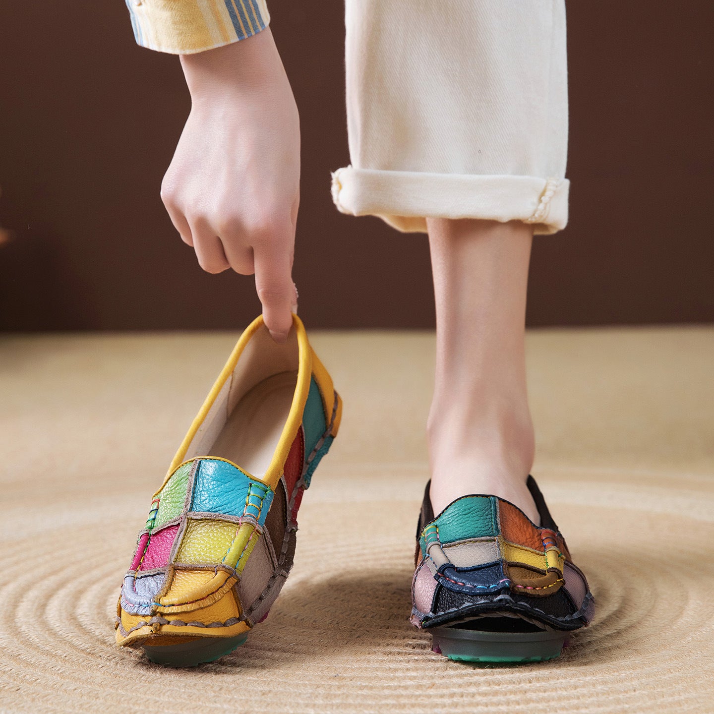 Women's Ethnic Style Spring Retro Handmade Rainbow Stitching Loafers