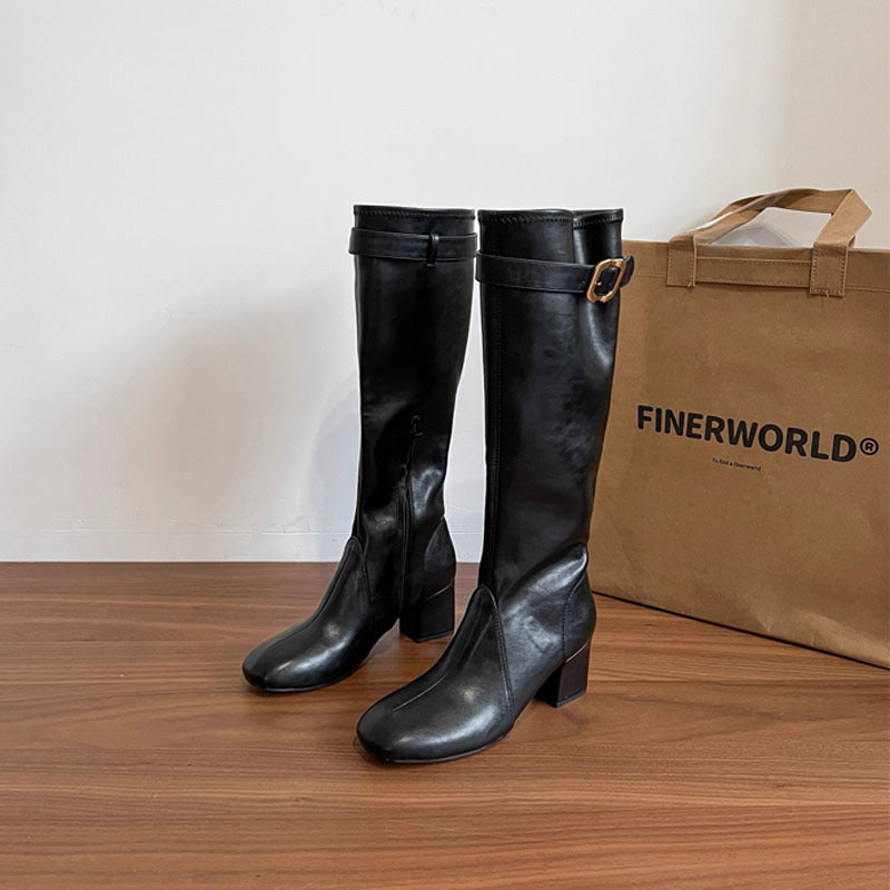 Buckle High Female Side Zipper Skinny Women's Leather Boots
