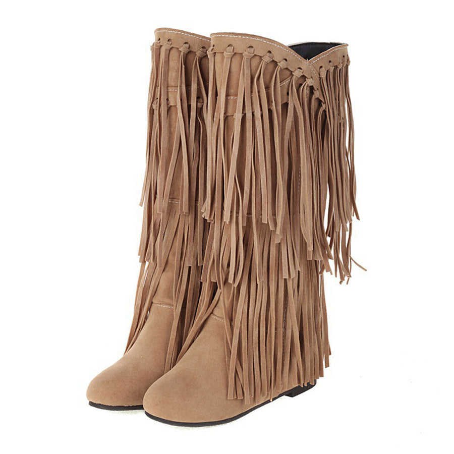 Women's Tassel Round Toe Invisible Elevated High Leg Long Women's Leather Boots