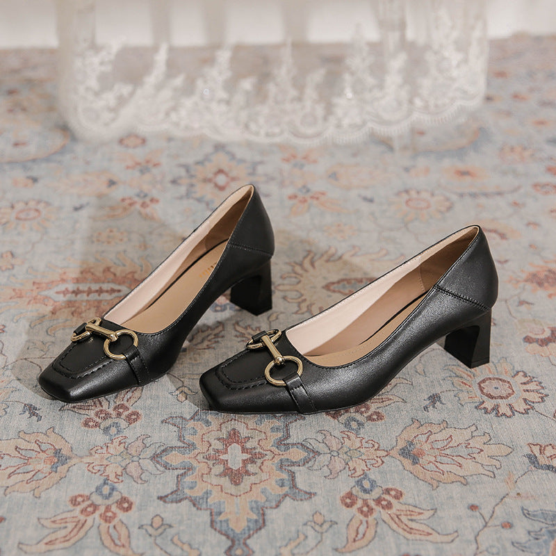 Women's Retro High Chunky Spring Horse Buckle Temperament Square Toe Pumps Women's Fashion Shoes