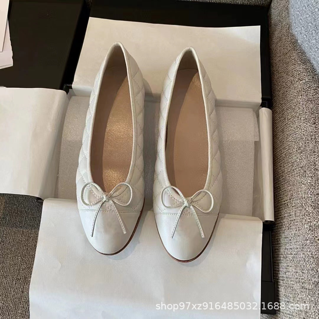 Women's Style Flat Pumps Bow Color Matching Ballet Round Head Shallow Heels