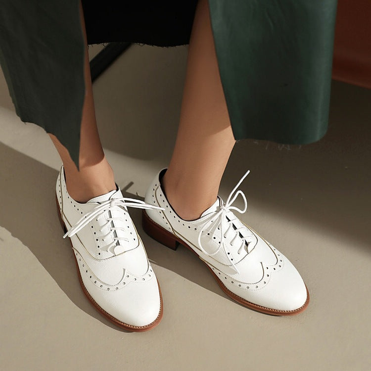 Women's Style Brogue Retro Flat Bottom Chunky Pumps Oxford Female Leather Shoes