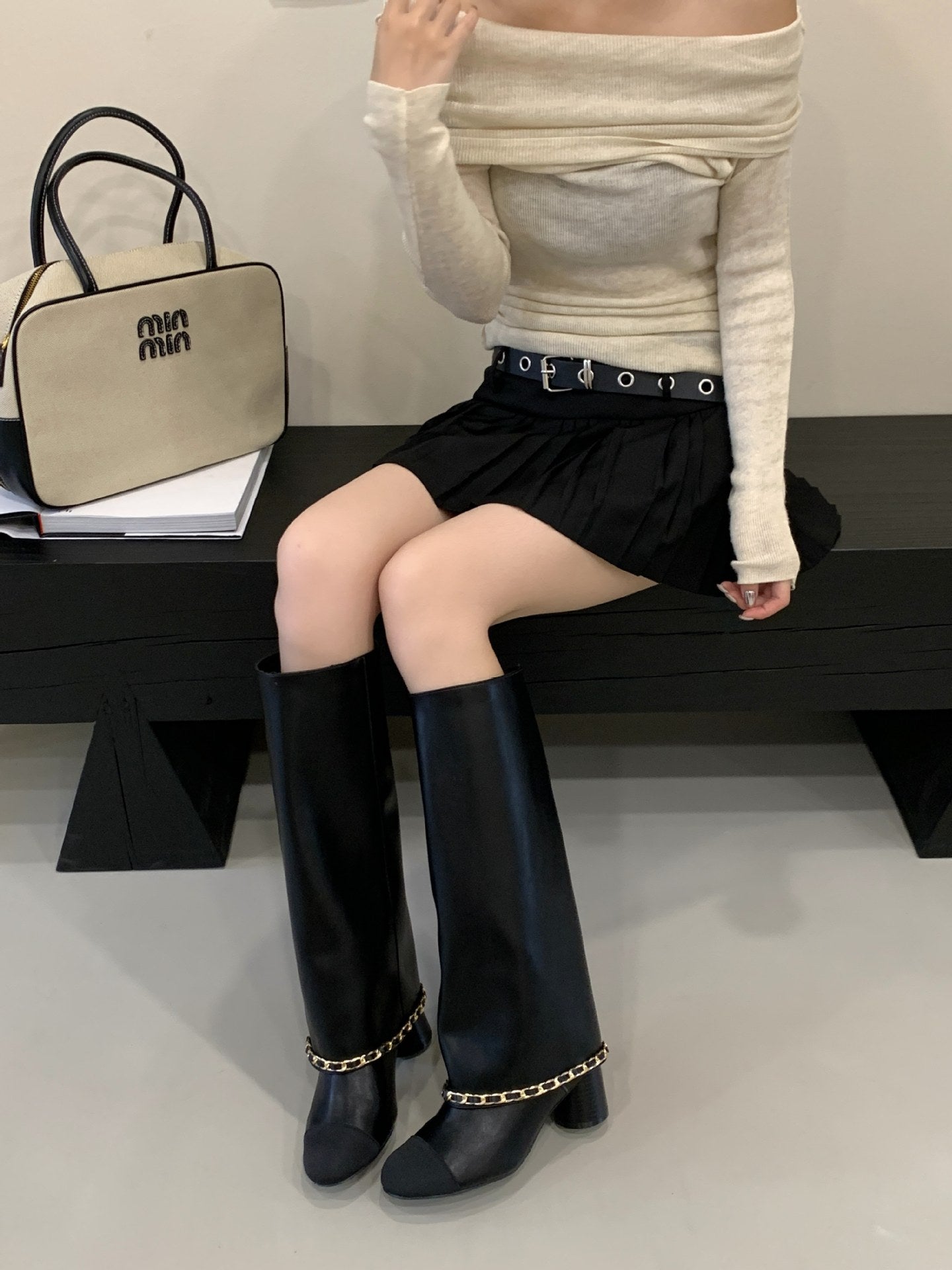 Apricot Black Stitching Chunky Pants Female Autumn Knight Below The Women's Leather Boots