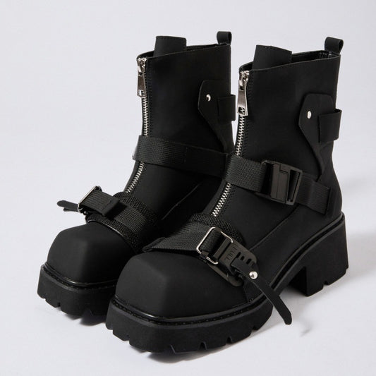 Square Toe Niche Black Warrior Mobile Thick Bottom Chunky Martin Women's Leather Boots