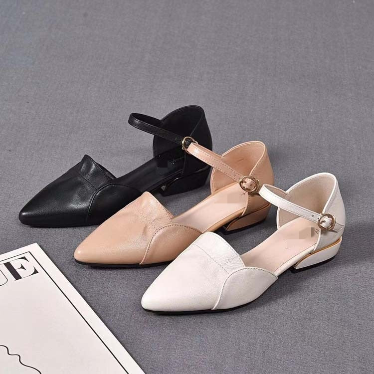 Women's Cowhide Pointed Buckle Hollow Back Empty Chunky High Heeled Sandals
