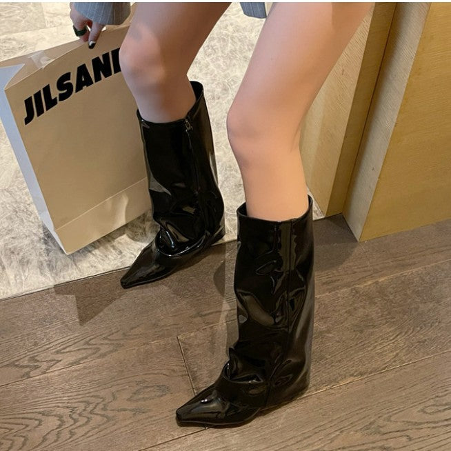 Women's Hair Wedge Pointed Toe Below The Women's Leather Boots