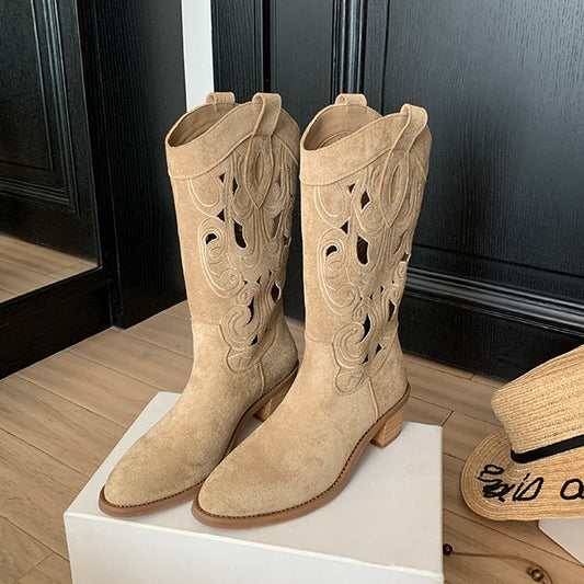 Women's Embroidered Hollow Out Western Cowboy Autumn V Cut Middle Chunky Women's Leather Boots