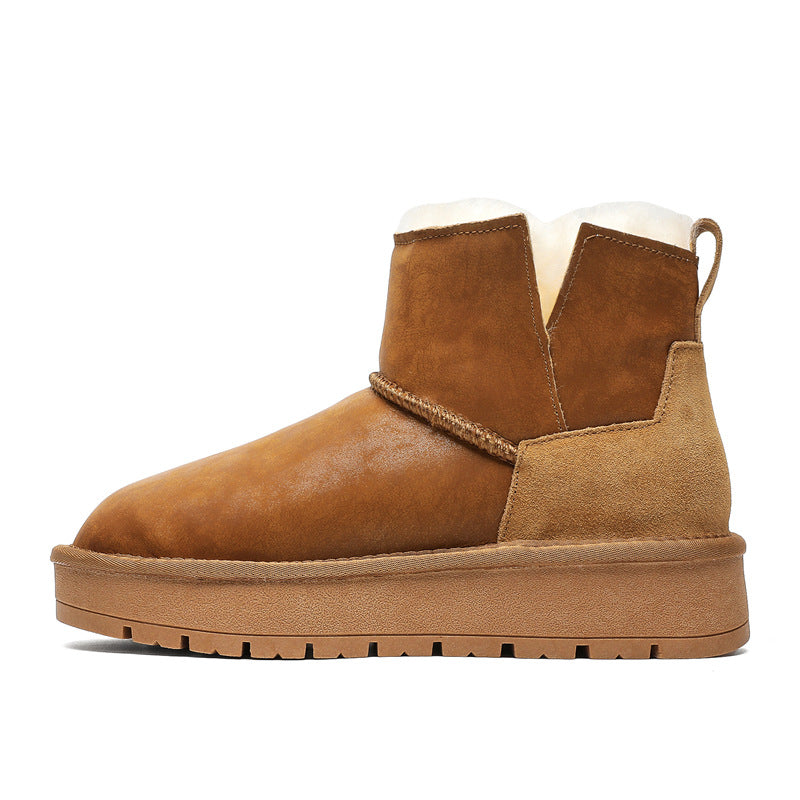 Women's Sheepskin Fur Integrated Platform Short Tube Waterproof Winter Warm Snow Boots