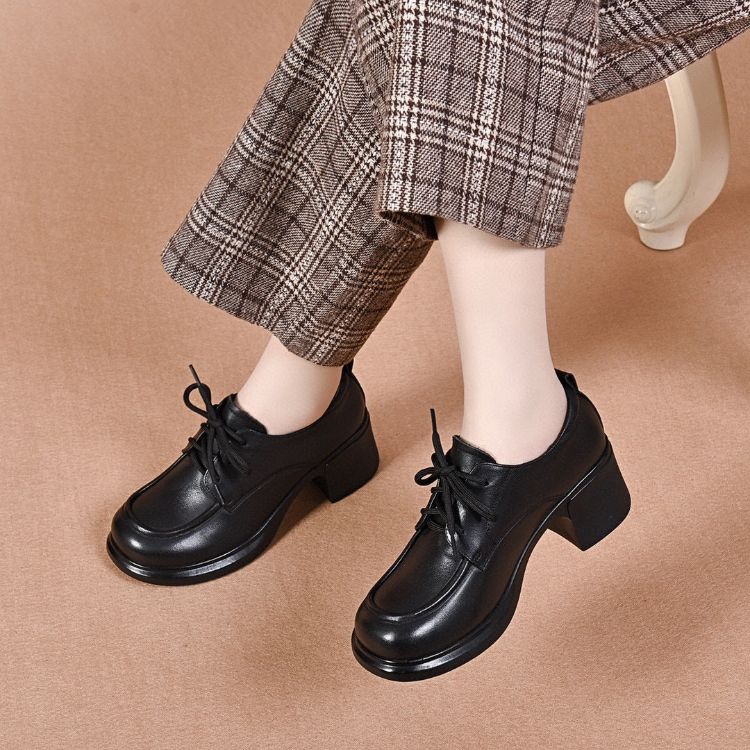 Women's Round Head Chunky Small Spring Full Grain Cow Preppy Loafers