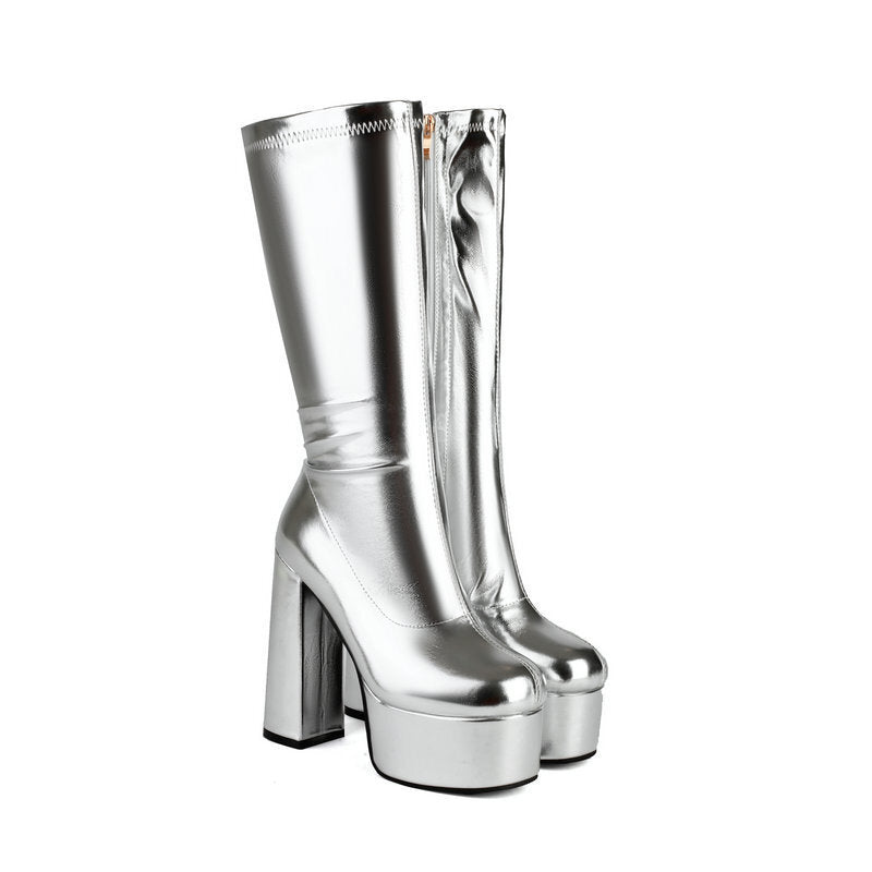 Women's Chunky Stretch High Gold Sier Thick Bottom Super Round Head Women's Leather Boots