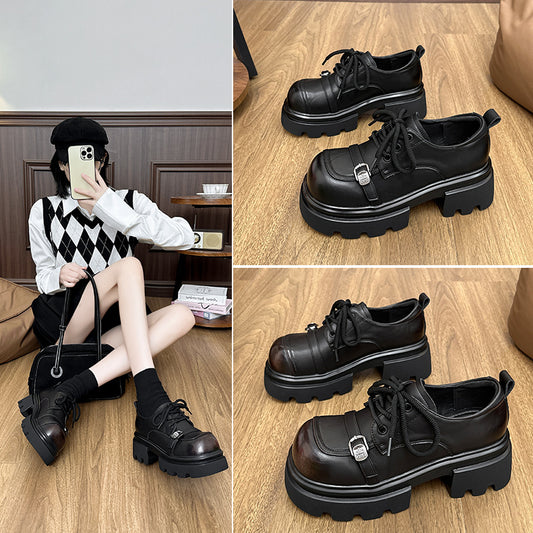 Thick Sole Increased With British Style Belt Buckle Round Toe Loafers