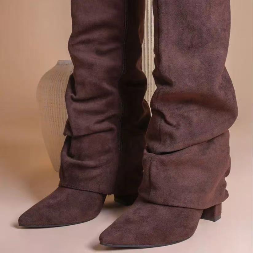 Women's Pointed Straight Pleated Metal Buckle Long Tube Large Size Thick Women's Leather Boots