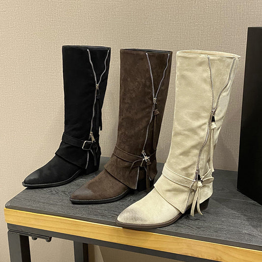 Women's Rub Colored Suede Belt Buckle Side Zipper Pile Style Knight Women's Leather Boots