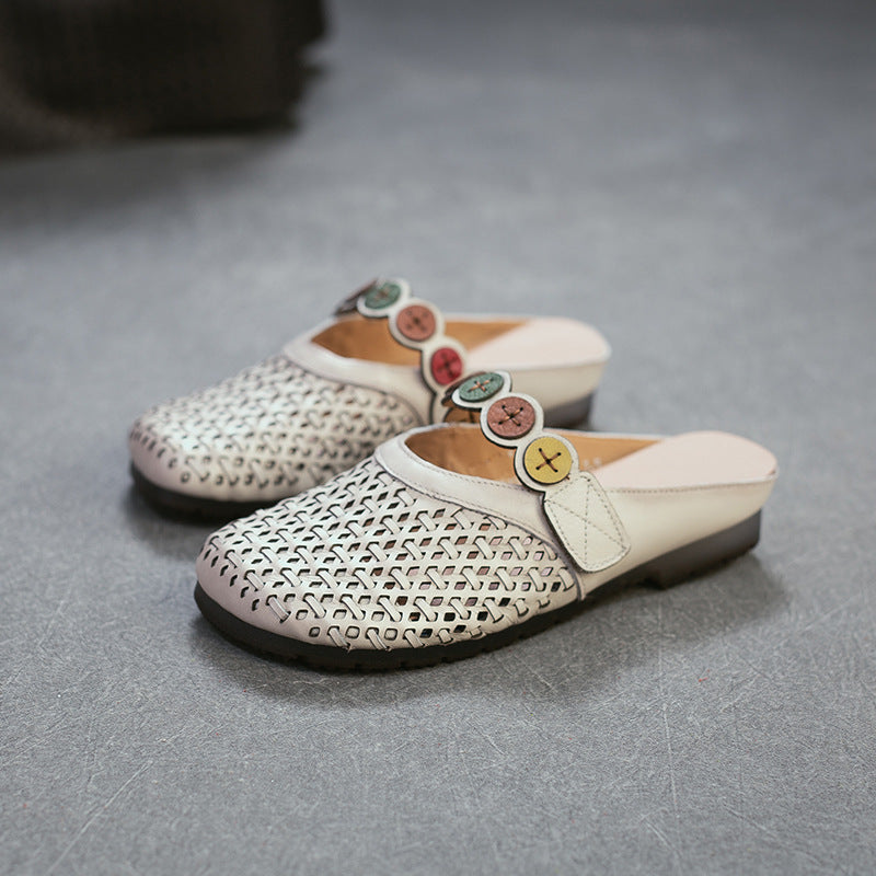 Women's First Layer Cowhide Outer Wear Hollow Breathable Flat Slippers