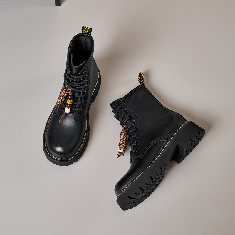 Women's Invisible Height Increasing Insole Martin British Style Retro Pendant Black Women's Leather Boots